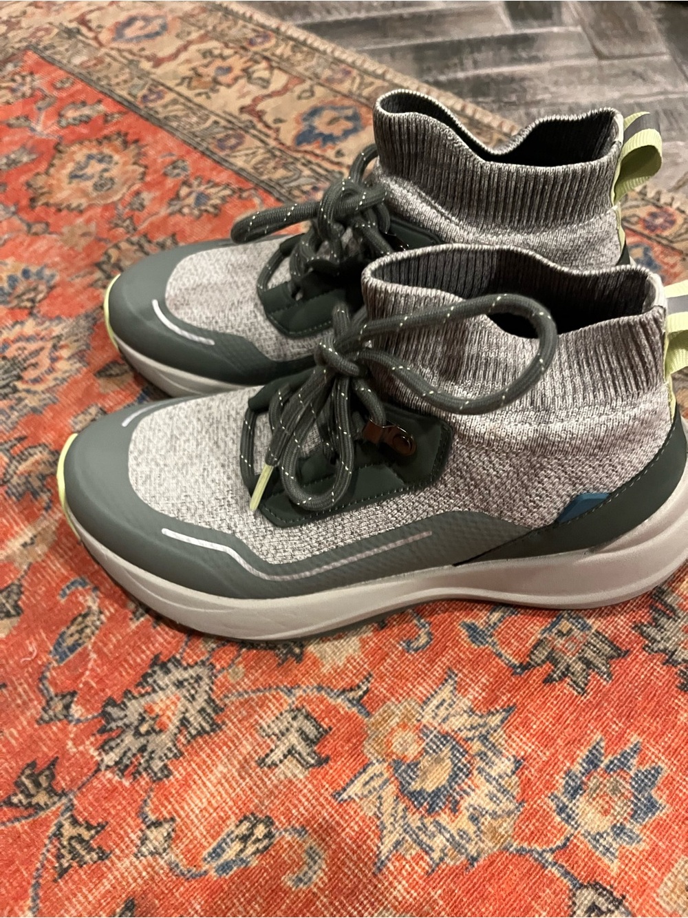 Vessi Grey Knit Ankle Boots with Olive and Lime Accents - Picture 4 of 14
